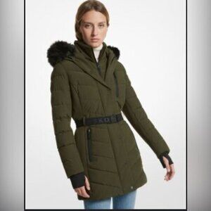 Michael Kors dark green faux fur Women's belted puffer jacket size medium flawed